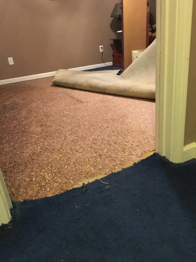 Carpet pad removal revealing water damage during Drying & Dehumidification in Copperas Cove